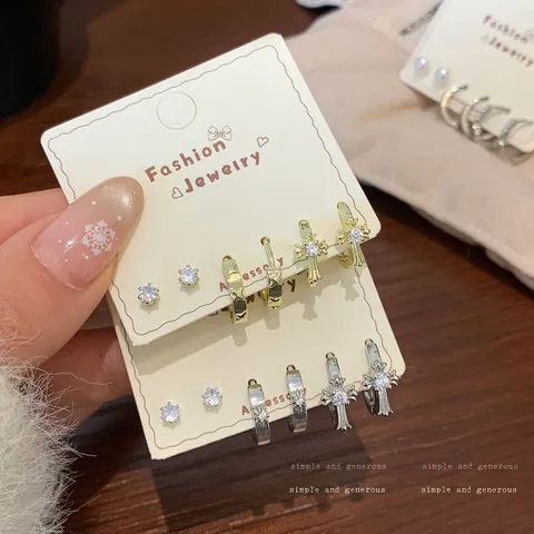 Zirconia Butterfly Cross Copper Ear Buckle Earring Set For Women Temperament Fashion Versatile Zircon Earrings Gold Silver Jewelry