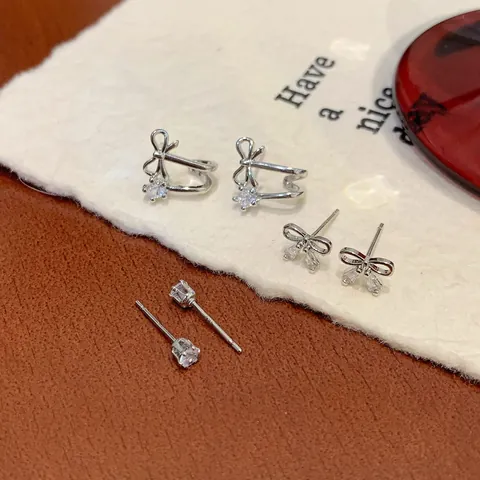 Luxury Zircon Bow Stud Earrings Round Rhinestone Studs With 925 Sterling Silver Earring Post Silver Plated Copper For Women Jewelry