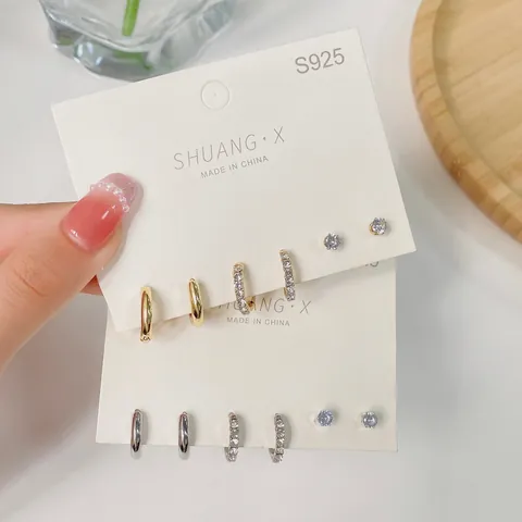Minimalistische Legierung Zirkonia Ohrringe Set Mit 925 Sterling Silber Ohrstecker-Stift Polierte Creolen Ohrstecker Damen Schmuck