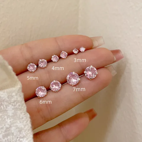Luxury Pink Zircon Round Stud Earrings With 925 Sterling Silver Earring Post Screw Back Hypoallergenic Women Girls Jewelry