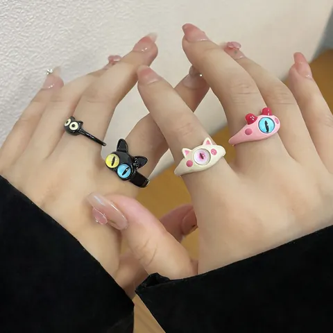 Cartoon Monster Eye Adjustable Opening Ring For Women Alloy Enamel Flocking Funny Gothic Harajuku Animal Jewelry Gift