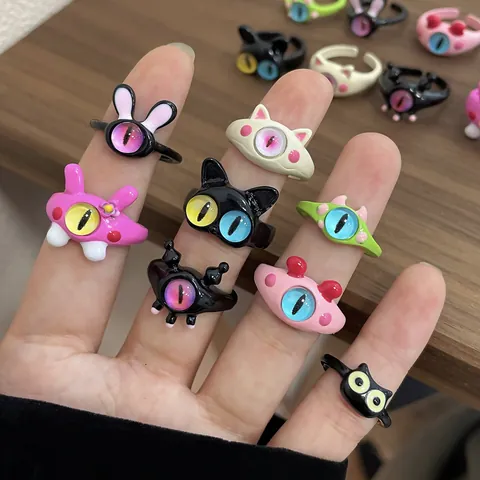 Cartoon Monster Eye Adjustable Opening Ring For Women Alloy Enamel Flocking Funny Gothic Harajuku Animal Jewelry Gift
