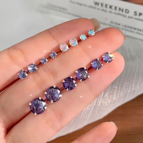 Orecchini a Bottone Minimalisti in Zircone Viola Rotondi Con Perno in Argento Sterling 925 Gioielli con Chiusura a Vite a Spirale per Donna