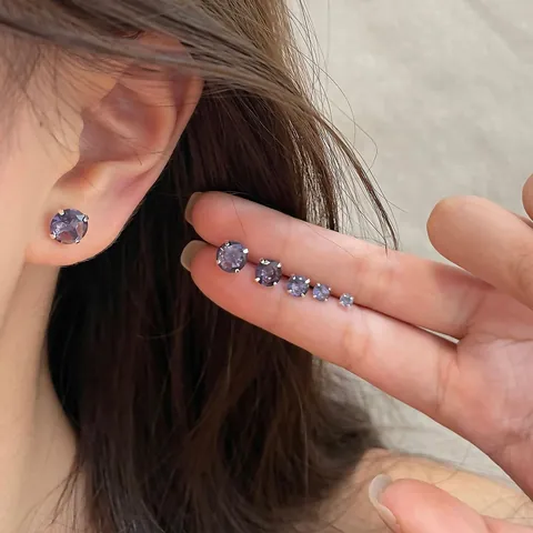 Orecchini a Bottone Minimalisti in Zircone Viola Rotondi Con Perno in Argento Sterling 925 Gioielli con Chiusura a Vite a Spirale per Donna