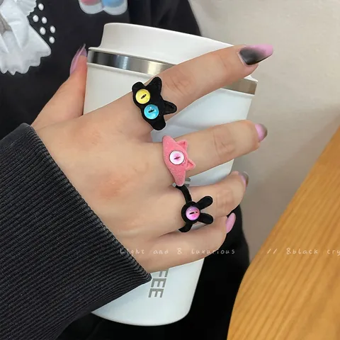 Cute Flocked Monster Adjustable Open Ring For Women Alloy Quirky Colorful Cat Eye Animal Finger Ring Jewelry Accessory
