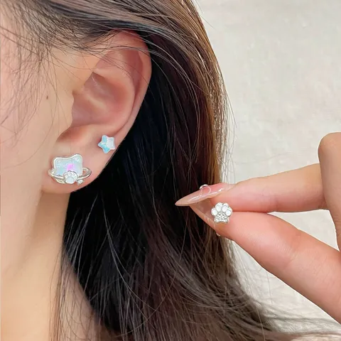 Cute Cat Star Moon Stud Earrings With 925 Sterling Silver Earring Post Iridescent Zirconia Celestial Tassel Earrings For Women