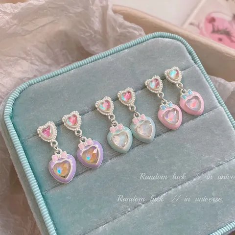 Süße Macaron Herz Hängeohrringe Mit 925 Sterlingsilber Ohrstecker-Stift Irisierend Harz Schleife Legierung Schmuck Für Damen