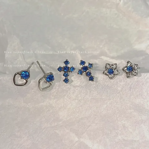 Orecchini a Bottone in Zirconia Blu Mare di Nicchia Con Perno in Argento Sterling 925 Lega Cuore Croce Fiore Gioielli Donna