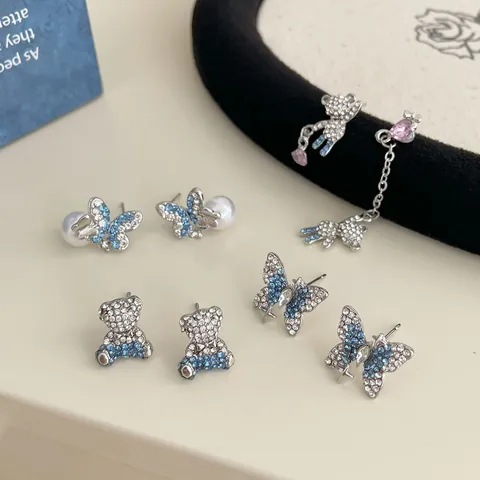 Koreanische Blau Zirkon Bär Schmetterling Ohrringe Mit 925 Sterlingsilber Ohrstecker-Stift Legierung Strass Asymmetrischer Schmuck Damen
