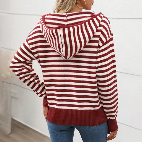 Women's Striped V-Neck Hooded Sweater Half Zipper Long Sleeve Knit Pullover Casual Loose Autumn Winter Fashion Top