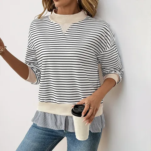 Felpa Patchwork a Righe a Maniche Lunghe Casual da Donna Finto Due Pezzi Pullover Girocollo Top Moda Autunno Vestibilità Comoda