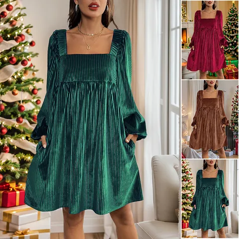 Women Christmas Square Neck Pleated Velvet Lantern Sleeve Mini Dress With Pockets Solid Color Elegant Holiday Party Dress