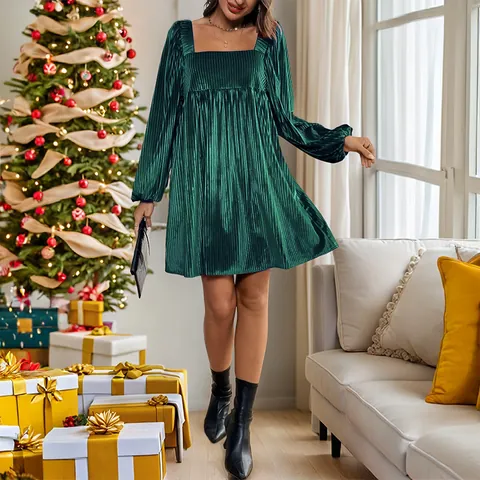 Women Christmas Square Neck Pleated Velvet Lantern Sleeve Mini Dress With Pockets Solid Color Elegant Holiday Party Dress