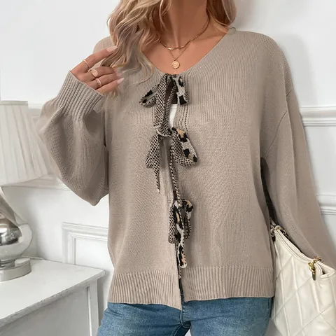 Women V-Neck Knit Cardigan Leopard Print Bow Ties Leopard Heart Back Acrylic Long Sleeve Casual Sweater