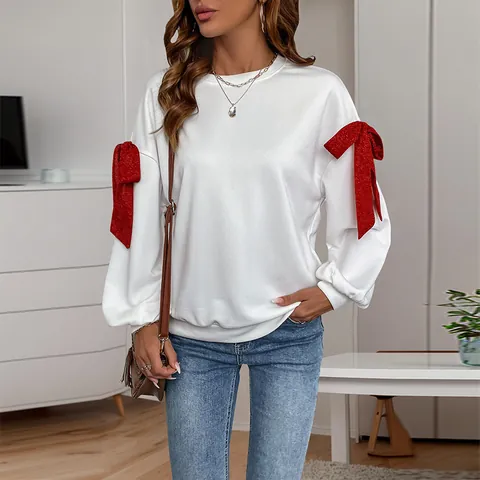 Sudadera de Mujer Oversize de Cuello Redondo Pullover de Manga Larga Con Decoración de Lazo Rojo Brillante Para Navidad San Valentín