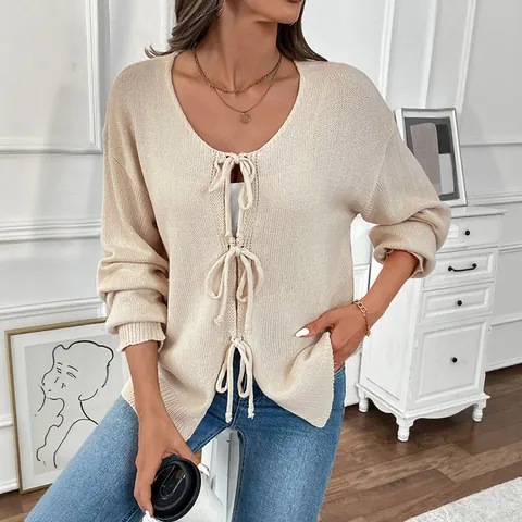 Women's Casual Knit Cardigan V-Neck Long Sleeve Bow Tie Front Solid Color Soft Acrylic Sweater Top For Autumn