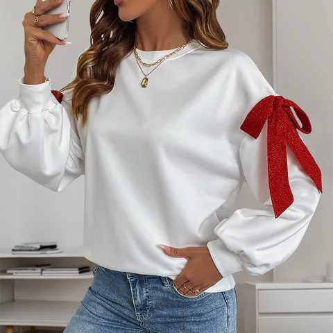 Sudadera de Mujer Oversize de Cuello Redondo Pullover de Manga Larga Con Decoración de Lazo Rojo Brillante Para Navidad San Valentín