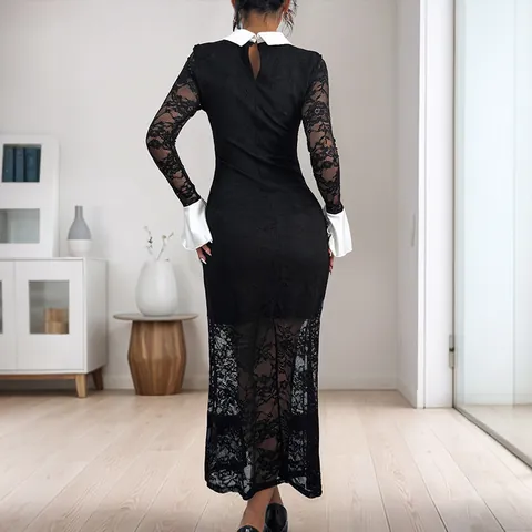 Women Elegant Lace Contrast Color Long Sleeve Maxi Dress Patchwork Slim Fit Floral Pattern Vintage Gown Office Clothing
