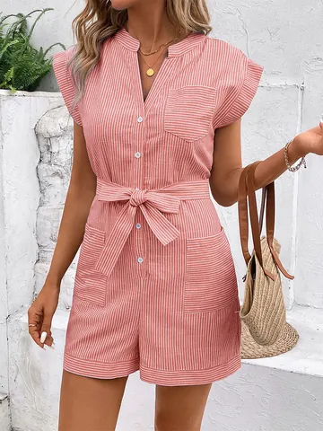 Women's Striped Short Sleeve Romper V Neck Button Down Tie Waist Casual Summer Jumpsuit With Pockets Cotton Blend Playsuit
