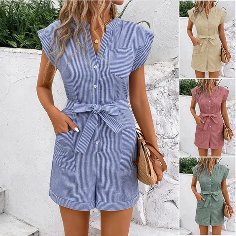 Pagliaccetto Casual a Strisce da Donna Manica Corta Scollo a V Bottoni Cravatta in Vita Tuta Con Tasche Vacanze Estive Misto Cotone Romper