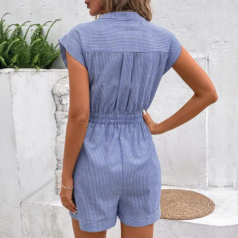 Pagliaccetto Casual a Strisce da Donna Manica Corta Scollo a V Bottoni Cravatta in Vita Tuta Con Tasche Vacanze Estive Misto Cotone Romper
