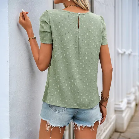 Blusa de Manga Corta de Punto Suizo para Mujer Manga de Pétalo Cuello Redondo Verano Casual Verde Salvia Top de Jacquard de Poliéster