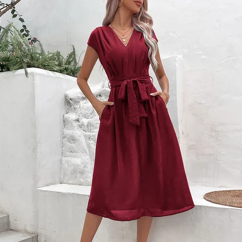 Damen Sommer V-Ausschnitt Kurzarm A-Linien Midi-Kleid Mit Gürtel Elegant Einfarbig Office Lady Pendler Kleid Mit Seitentaschen
