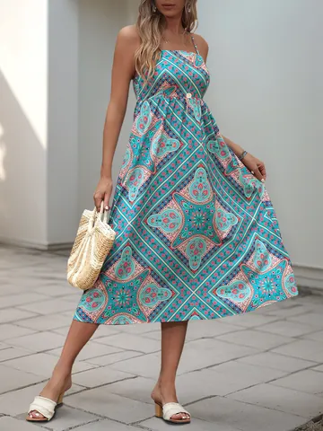 Dames Boheems Bedrukte Camisole Jurk Etnisch Geometrisch Bloemen Gesmockte Rug A-Lijn Polyester Vakantie Midi Zomerjurk