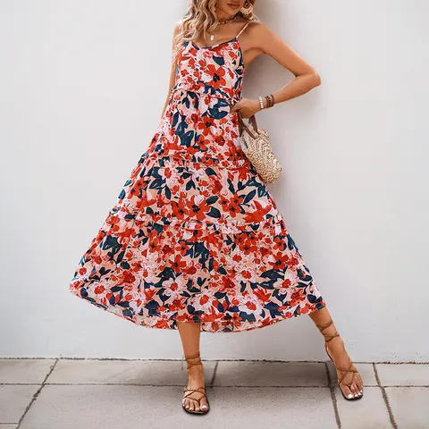 Abito Lungo a Balze con Spalline Sottili e Scollo a V Donna Estivo Stampa Floreale Boho Vacanza Senza Maniche Vita Alta Linea A