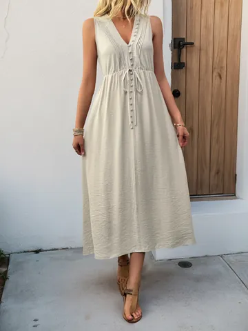 Vestito Midi da Donna Senza Maniche con Scollo a V in Misto Viscosa Poliammide Vita con Coulisse Bottoni Casual per Vacanza Linea ad A con Tasche