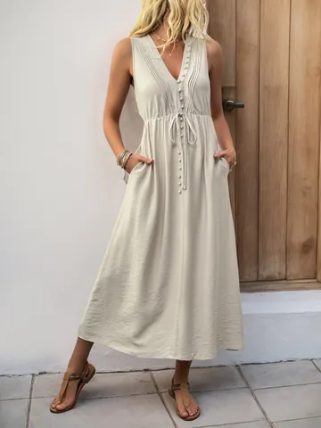 Vestito Midi da Donna Senza Maniche con Scollo a V in Misto Viscosa Poliammide Vita con Coulisse Bottoni Casual per Vacanza Linea ad A con Tasche