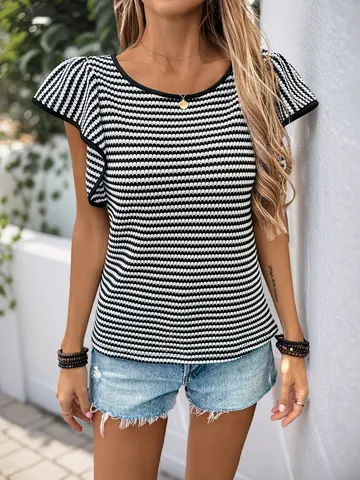 Damen Sommer Casual Gestreiftes T-Shirt Rundhalsausschnitt Rüschenärmel Polyester Elasthan Strickoberteil Für Den Urlaub