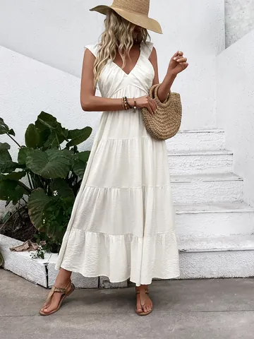 Women V Neck Sleeveless Tiered Maxi Dress Solid Color Backless Viscose Polyamide Elegant Summer Boho Vacation Long Dress