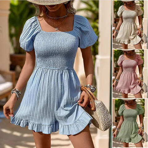 Women Square Neck Smocked Romper Puff Sleeve Pleated Texture Solid Color Summer Casual Vacation Jumpsuit Pockets Ruffle Hem