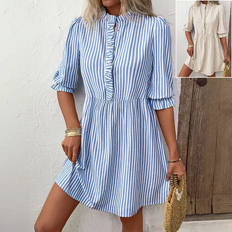 Dames Casual Verticaal Gestreepte Midi Jurk Elegant Roffelrand Opstaande Kraag Vijfpuntmouw A-Lijn Vakantie Jurk Blauw Khaki