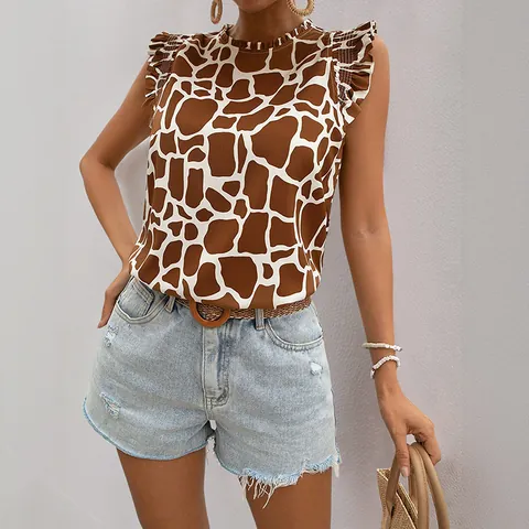 Damen Casual Giraffenmuster Flatterärmel Bluse Rundhalsausschnitt Rüschen Sommer Polyester Hemd Für Alltag Urlaub Damen