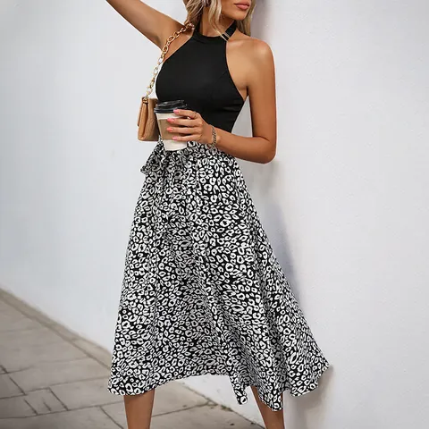 Dames Zomer Halternek Luipaardprint Midi Jurk Mouwloos Rugloos A-lijn Patchwork Casual Vakantie Feestjurk