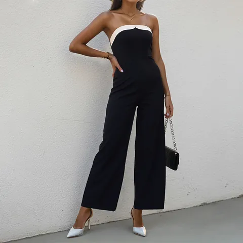 Damen Trägerlos Schwarz-Weiß-Patchwork Einteiler Elegant Hohe Taille Weites Bein Ärmellos Einteiler Mode Overall