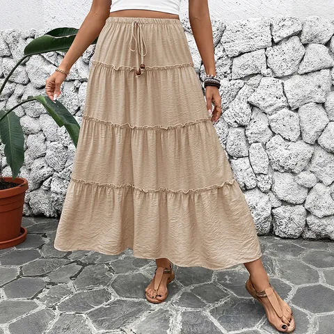 Gonna Maxi a Balze Cachi Bohemien da Donna Vita Elastica Coulisse Perle di Legno Gonna a Linea A Vacanze Abbigliamento Mare