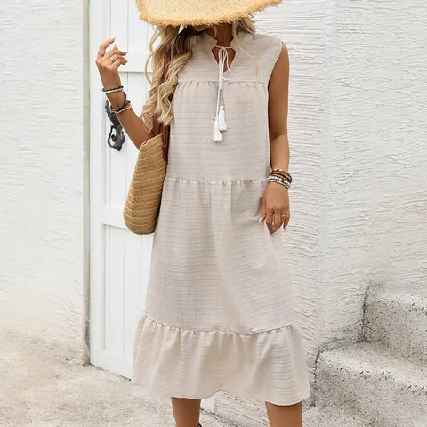 Vestido Midi de Mujer Sin Mangas Cuello en V Cordón con Borlas Volantes Escalonado Casual Bohemio Vacaciones Color Sólido Línea A