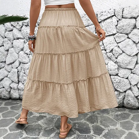 Gonna Maxi a Balze Cachi Bohemien da Donna Vita Elastica Coulisse Perle di Legno Gonna a Linea A Vacanze Abbigliamento Mare