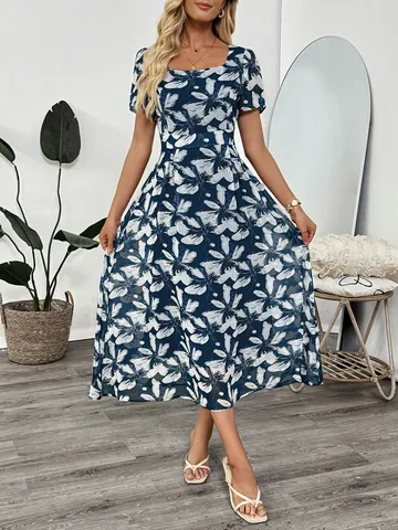 Franse Vierkante Hals Elegante Vintage Bloemenprint Getailleerde Midi Jurk Korte Mouw A-Lijn Polyester Chiffon Zomerjurk Vrouwen