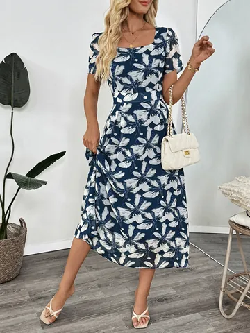 Franse Vierkante Hals Elegante Vintage Bloemenprint Getailleerde Midi Jurk Korte Mouw A-Lijn Polyester Chiffon Zomerjurk Vrouwen