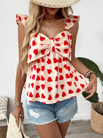 Dames Zoete Hartjes Print Camisole Met Grote Strik Roffelbandjes Mouwloos Babydoll Tank Top Zomer V-Hals Gerimpelde Rug Top