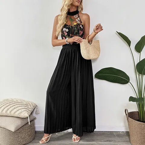 Women Halter Neck Floral Embroidery Mesh Jumpsuit Elegant Pleated Wide Leg Sleeveless Summer Boho One Piece Romper Pants
