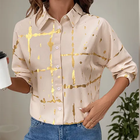 Chemise Décontractée à Manches Longues pour Femmes Imprimé Feuille d'Or Col Revers Chemisier Ample Khaki Top Mode