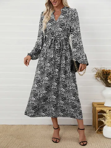 Women's Ethnic Paisley Print V-Neck Long Sleeve Maxi Dress Elegant Viscose Boho Long Dress With Tie Waist For Vacation Daily