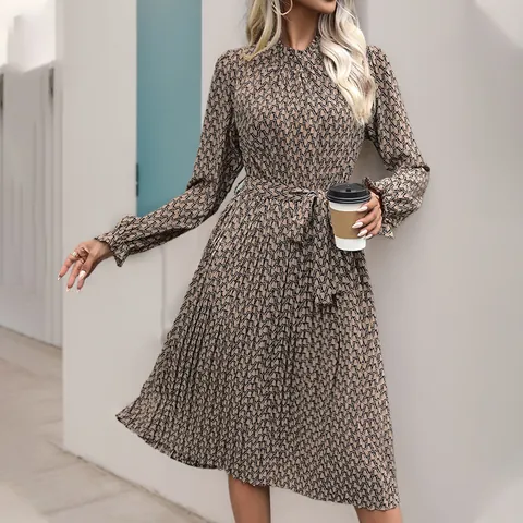 Women Elegant Geometric Print Pleated Midi Dress Long Sleeve Mock Neck Tie Waist Retro Urban Casual Fashion Office Dress