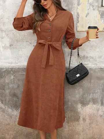 Vestido Midi de Pana para Mujer Cuello en V Manga Larga Con Cinturón Vintage Color Sólido Abotonado Cintura Alta Corte en A Oficina Otoño Invierno