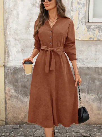 Vestido Midi de Pana para Mujer Cuello en V Manga Larga Con Cinturón Vintage Color Sólido Abotonado Cintura Alta Corte en A Oficina Otoño Invierno